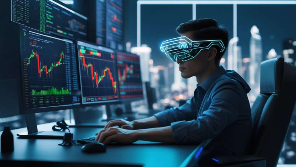 A futuristic, high-tech image depicting a young male trader using advanced virtual reality glasses to analyze financial markets in a dark, sophisticated trading room. Multiple screens display real-time stock and forex trading data with various charts, including candlesticks and volume bars, essential for executing the best broker for scalping strategies. The city skyline in the background through the window suggests a bustling urban financial district.