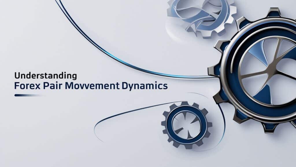 A sleek and modern graphic design emphasizing the complexity of Forex trading dynamics, featuring a series of interlocking metallic gears on a clean white background. The largest gear is highlighted in the center with smaller gears interconnected around it, symbolizing the intricate and interconnected nature of the most volatile Forex pairs. The title 'Understanding Forex Pair Movement Dynamics' is displayed at the top, offering a metaphor for the mechanical and precise nature of Forex markets.
