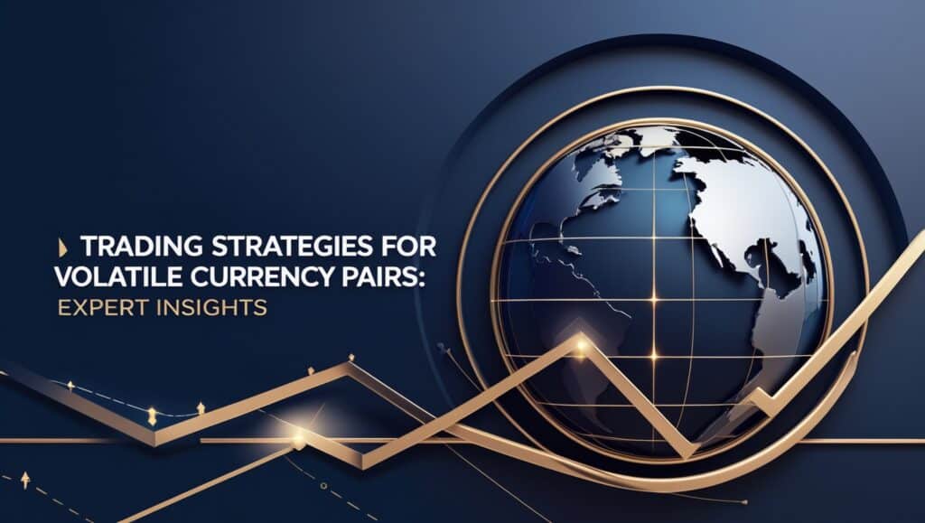 Sophisticated banner image featuring a large golden globe on a dark blue background, surrounded by golden lines and geometric shapes that converge at various points, symbolizing connections and strategies. The globe highlights North and South America, and the title 'TRADING STRATEGIES FOR VOLATILE CURRENCY PAIRS: Expert Insights' is prominently displayed, emphasizing the focus on most volatile Forex pairs. This design visually represents the global impact of Forex trading and the strategic thinking involved in navigating such markets.