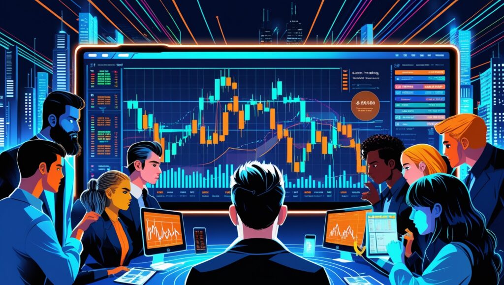 A vibrant, futuristic illustration showcasing a diverse group of seven traders and analysts intently focusing on large screens displaying dynamic stock market charts. These charts feature candlestick patterns and price movement graphs typical in scalping strategies. The scene is set against a neon-lit cityscape at night, suggesting a high-tech trading environment. This high-energy setting reflects the intense pace required to identify the best broker for scalping in a competitive forex market.