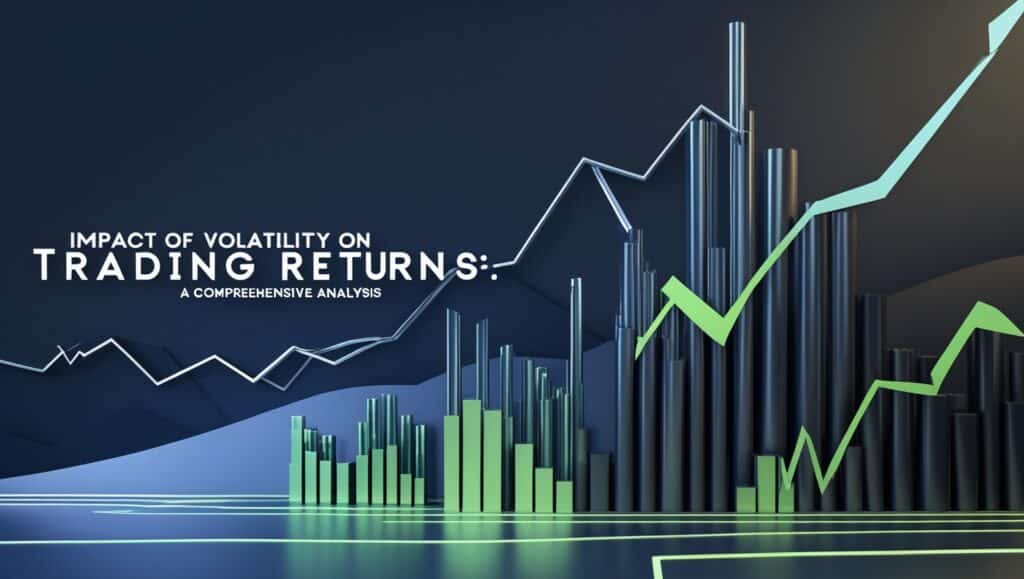 Dynamic 3D banner image depicting the 'Impact of Volatility on Trading Returns' with a dark, futuristic background. The foreground features an assortment of three-dimensional bar graphs in shades of green and gray that progressively increase in height, and a bright green upward trend line that cuts through the scene, symbolizing the potential gains from trading the most volatile Forex pairs. This visual metaphor highlights a comprehensive analysis of volatility's effects on market performance.