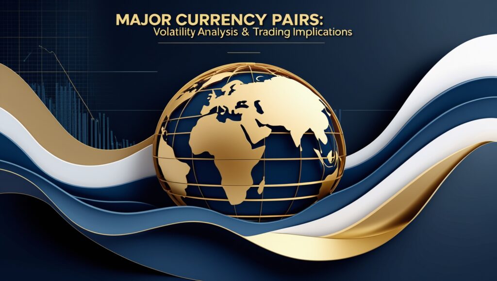 An elegant and sophisticated banner featuring a golden globe centered on a dark blue background, accented by flowing golden and white ribbons that create a sense of movement. The title 'MAJOR CURRENCY PAIRS: Volatility Analysis & Trading Implications' is displayed above, focusing on the theme of most volatile Forex pairs. This image effectively communicates the global impact and dynamic nature of Forex trading through its luxurious design elements and thematic color palette.