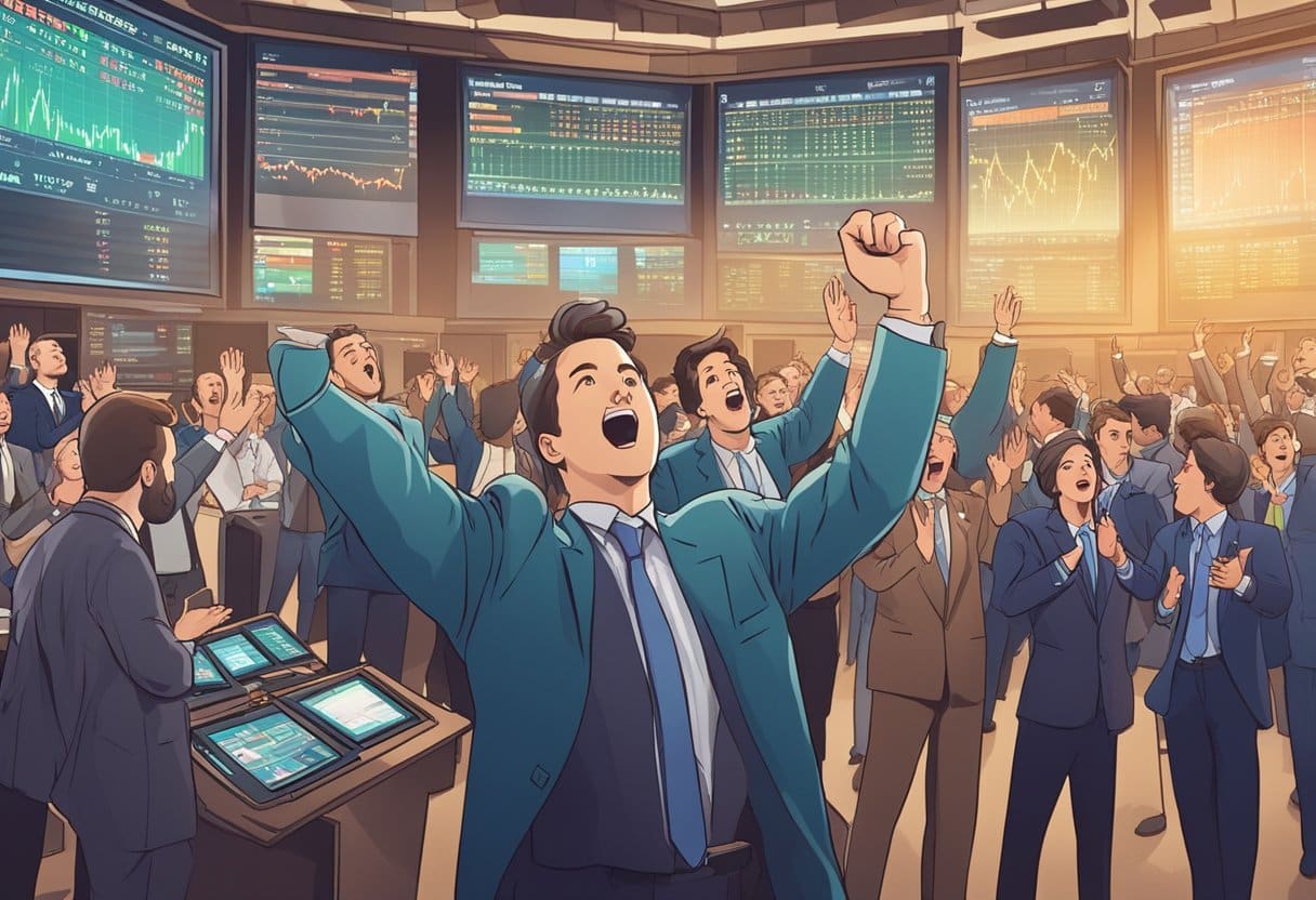 A bustling stock exchange floor with traders gesturing and shouting, surrounded by digital screens displaying stock prices and market data