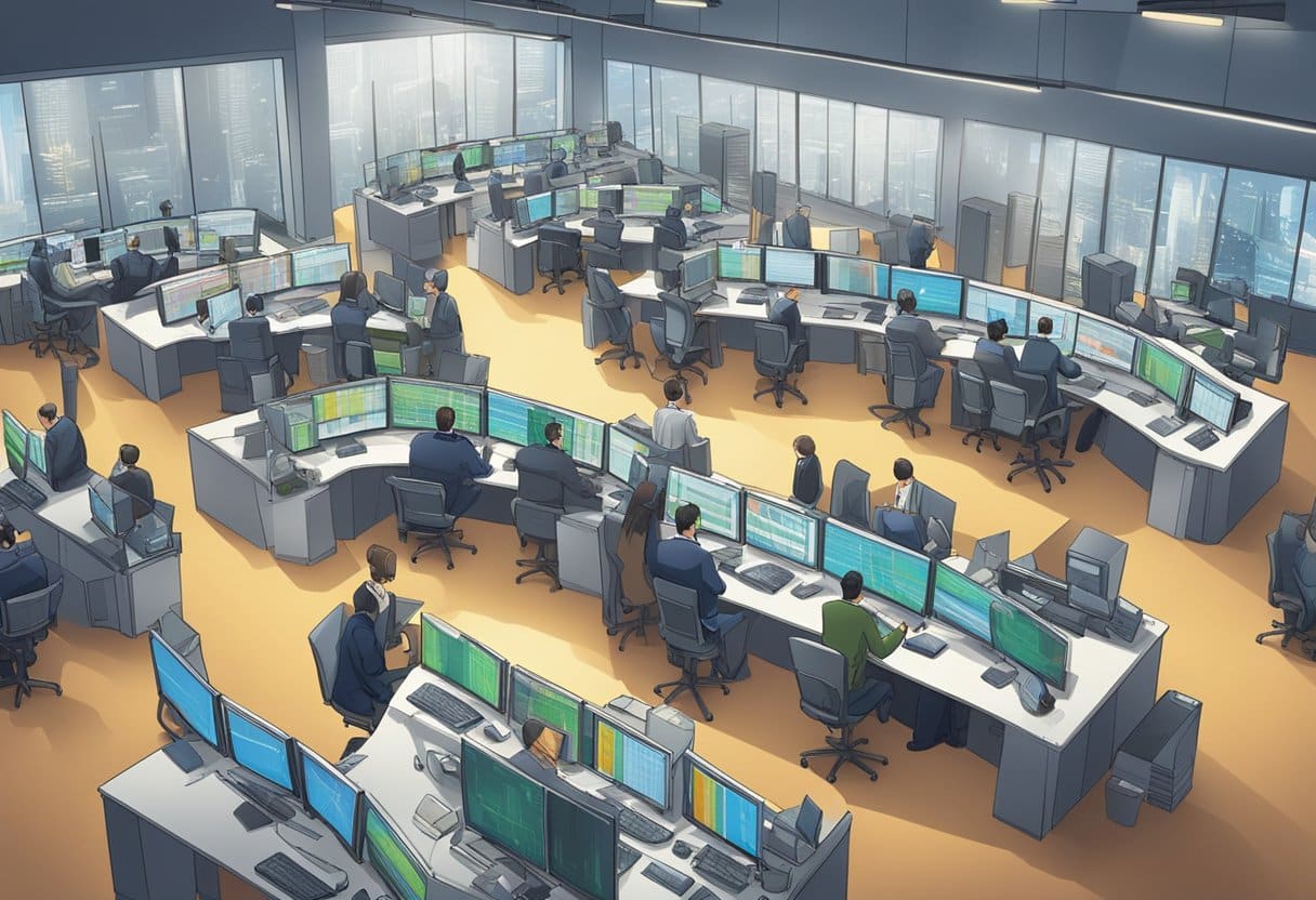 The trading floor bustles with activity during open hours, as traders monitor screens and make transactions. The session is marked by intensity and focus