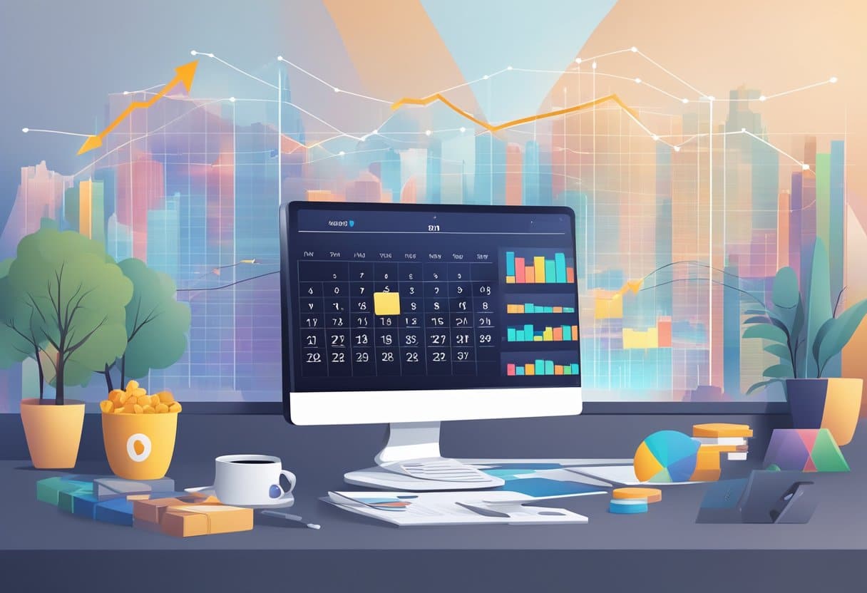 A calendar with trading days highlighted, surrounded by financial charts and graphs