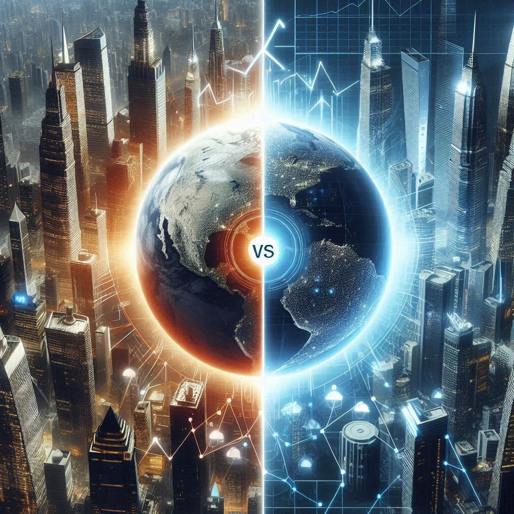 A globe split in half with contrasting warm and cool lighting, set against a modern city skyline, representing the comparison of ECN vs STP brokers and their distinct approaches to forex trading execution and connectivity in global markets.
