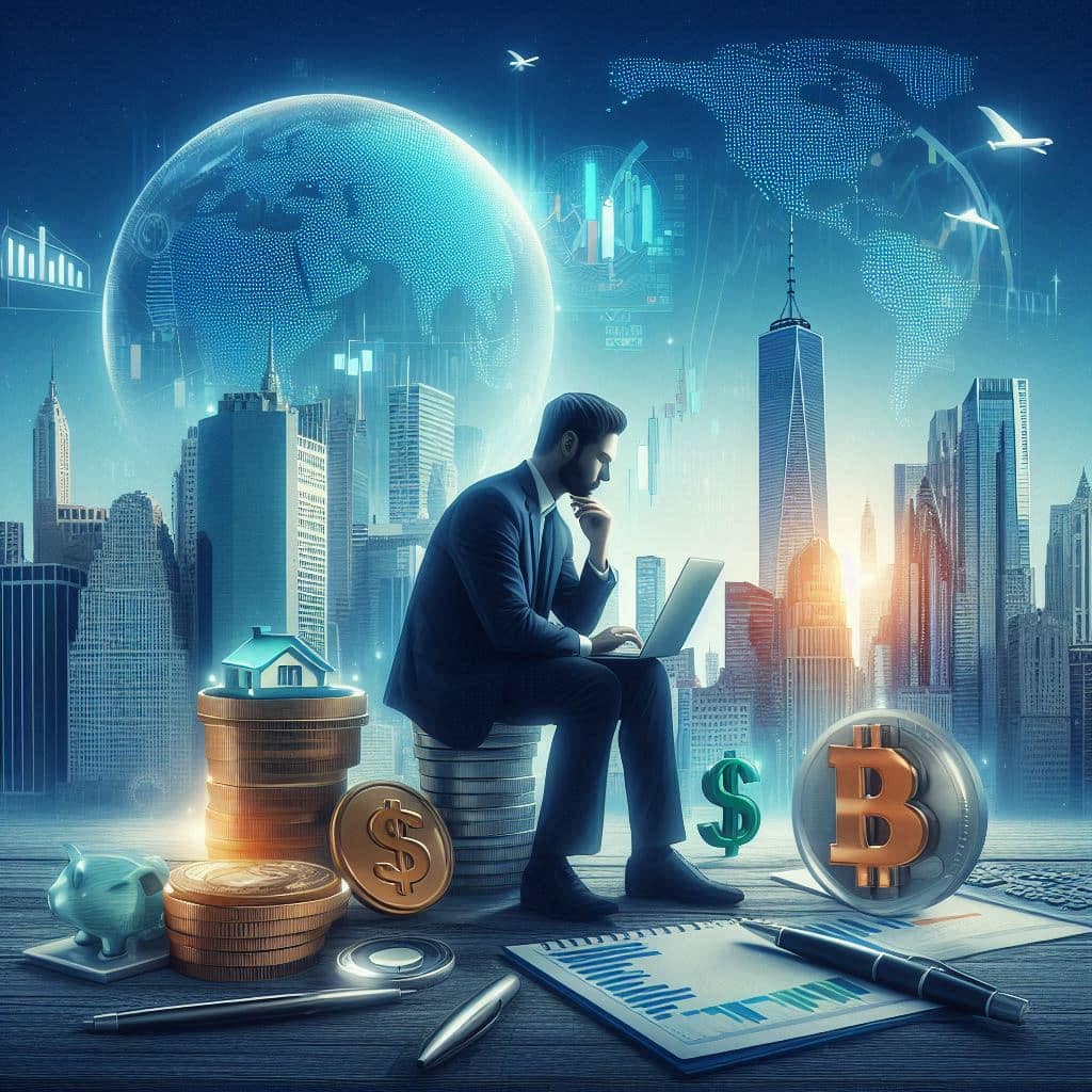 Business professional seated with a laptop, surrounded by financial symbols like dollar and Bitcoin icons, with a cityscape and global map overlay in the background, representing the strategic decision-making process when choosing between ECN vs STP brokers in forex trading.