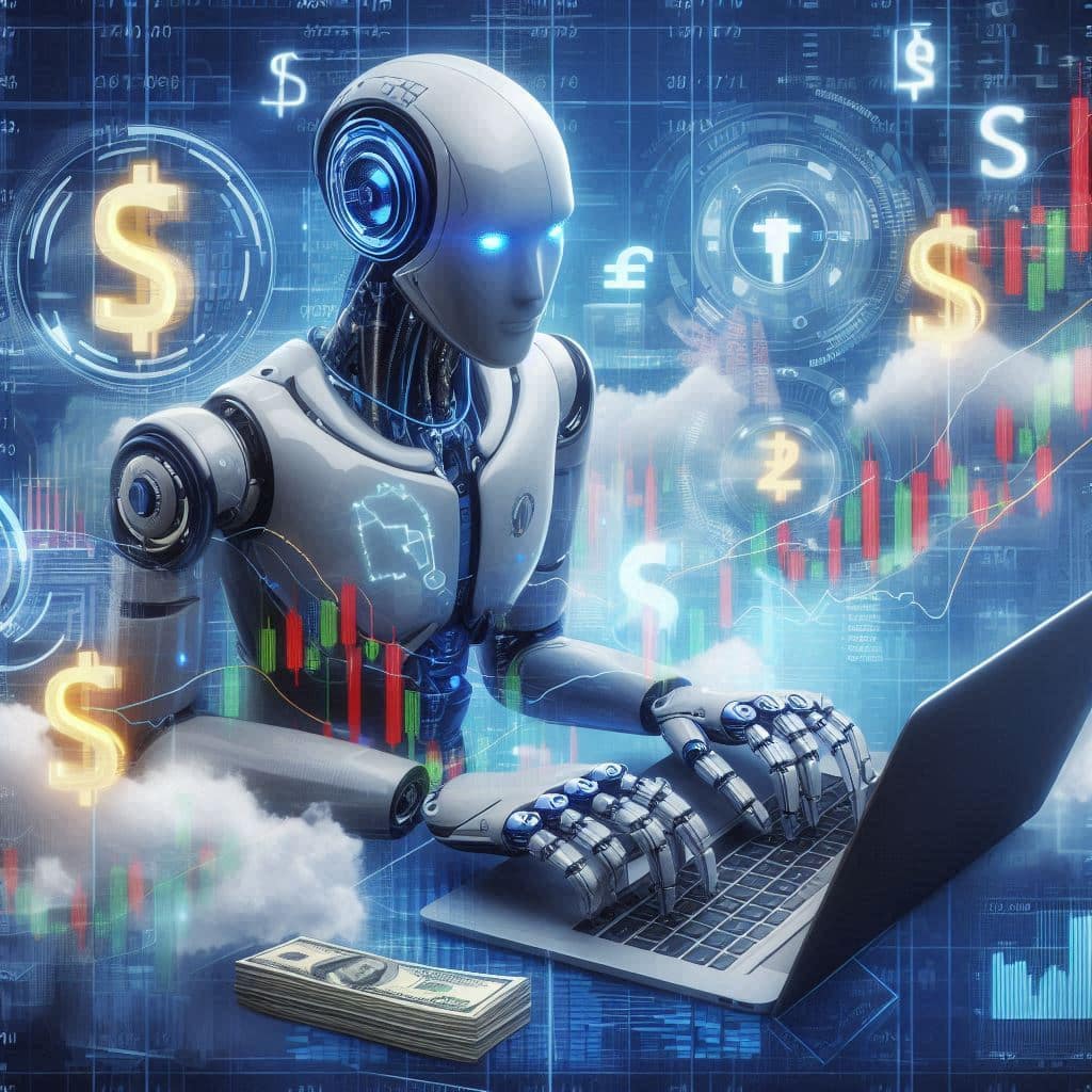 Advanced robot with glowing blue eyes typing on a laptop surrounded by dollar symbols, currency icons, and financial charts, symbolizing the use of forex trading bots for automated analysis and trading in the forex market.