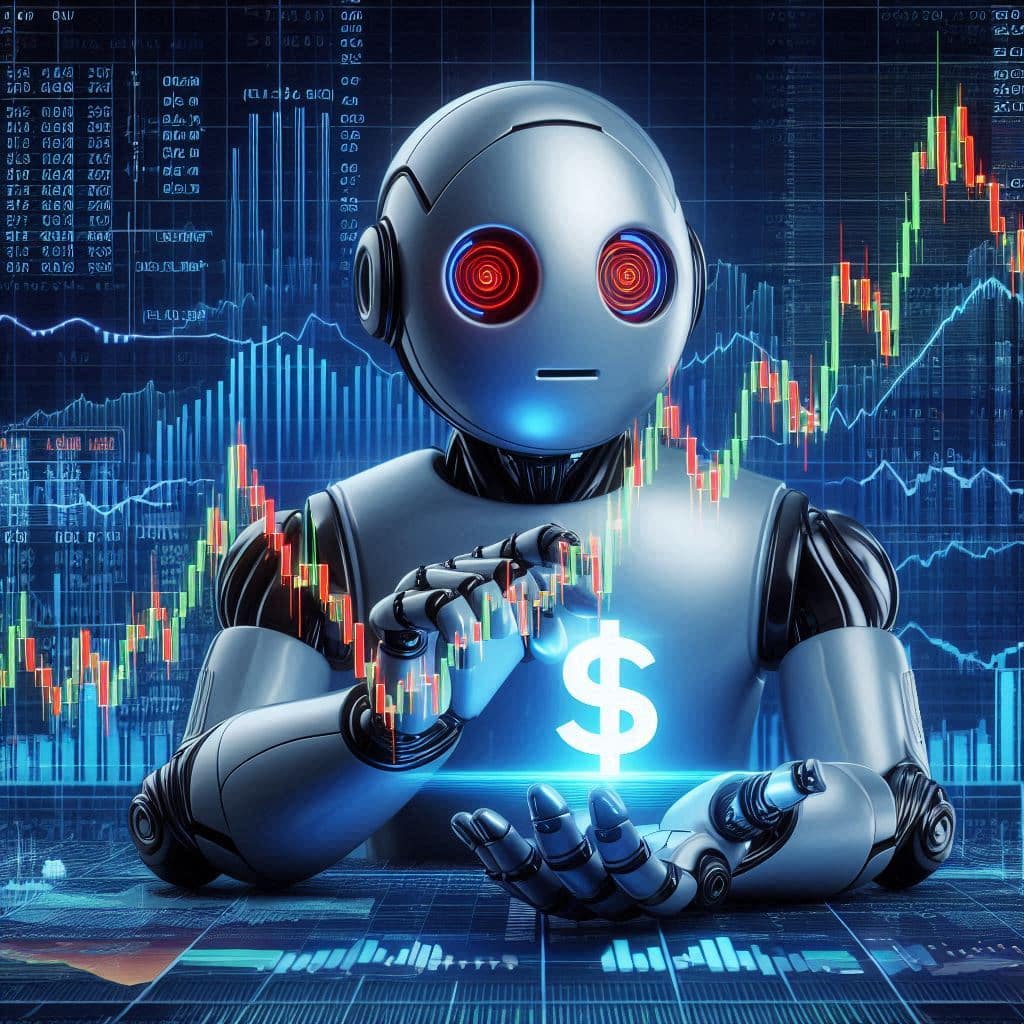 Robotic figure with glowing red eyes holding a dollar symbol against a backdrop of financial charts and data, representing the analytical power of forex trading bots in tracking and executing forex market trends.