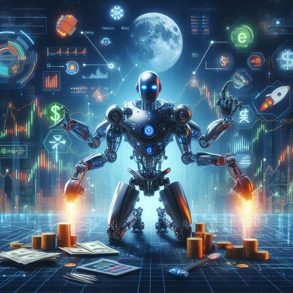Futuristic robot managing multiple currency symbols, charts, and financial data in a high-tech setting, symbolizing the role of forex trading bots in automating and optimizing investment strategies in the forex market.