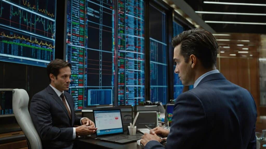 Two business professionals in a high-tech trading room, surrounded by multiple monitors displaying financial charts and data, symbolizing the analysis and decision-making involved in selecting ECN vs STP brokers for optimal trading execution in the forex market.