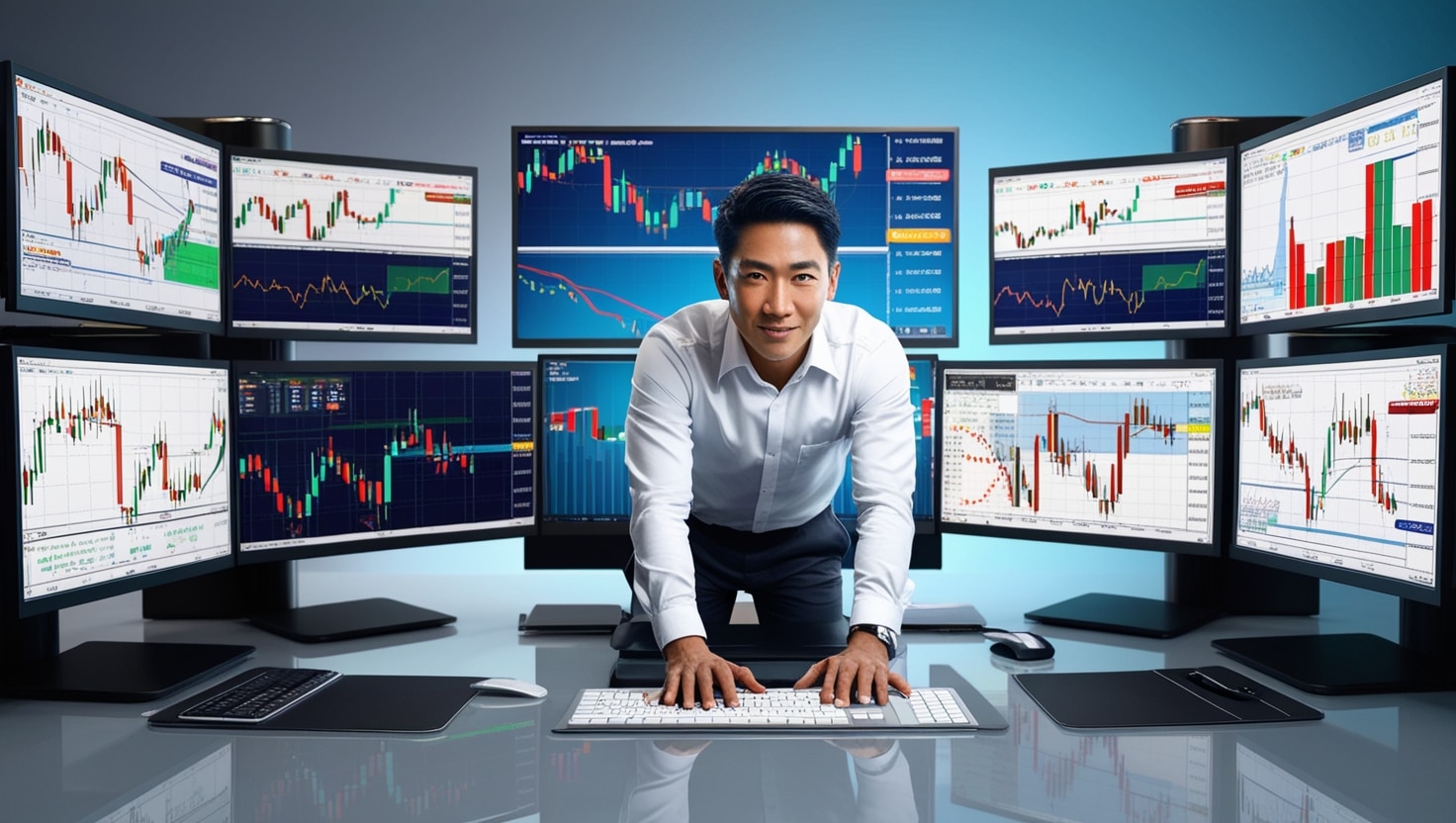 A forex trader stands confidently at a multi-monitor setup displaying various forex technical analysis charts and data. Each screen shows different aspects of forex trading, including candlestick patterns, price movements, and indicators, illustrating a high-tech and professional trading environment. The trader's focused posture and modern workspace emphasize a data-driven approach to forex technical analysis.