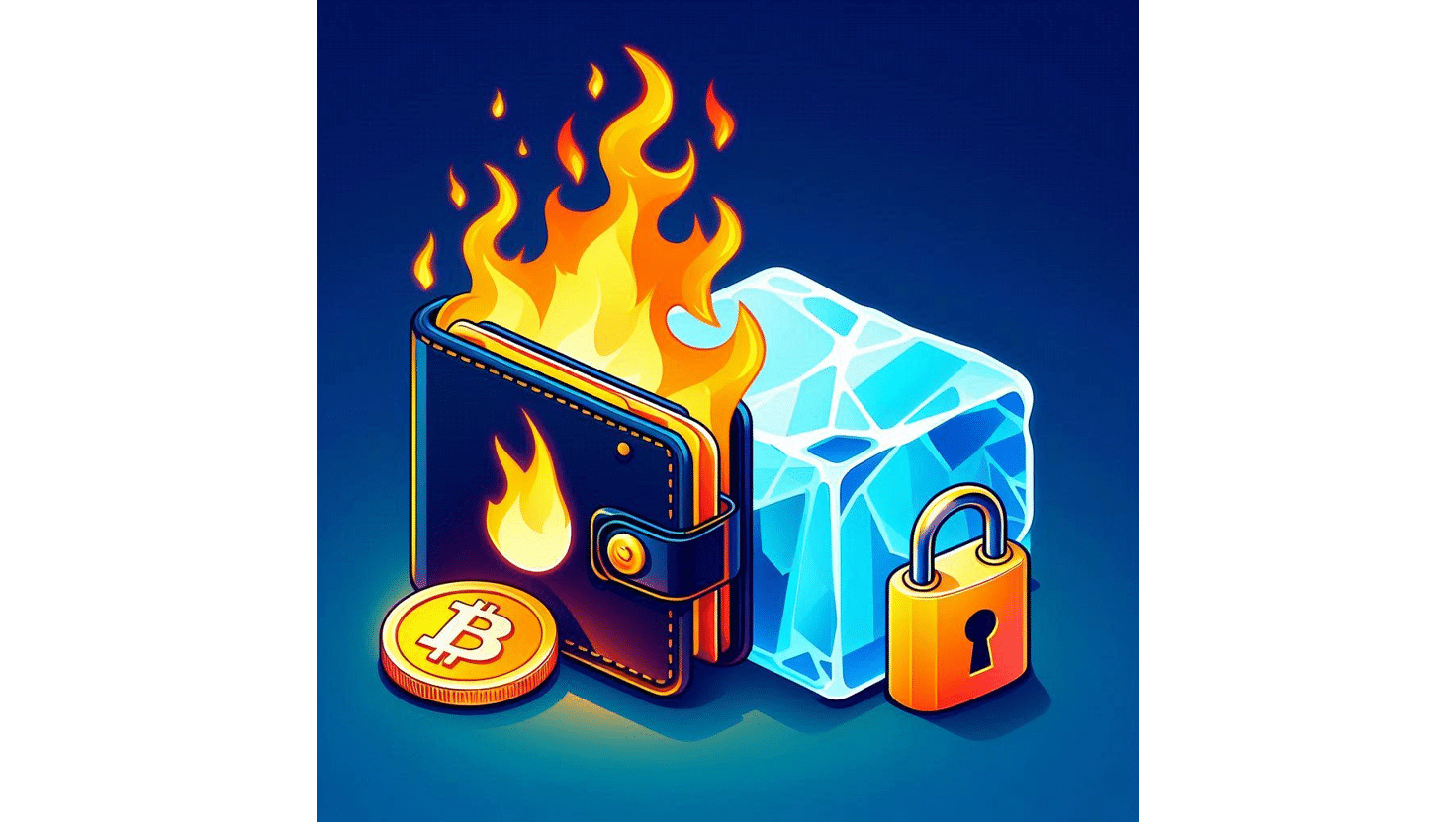Vivid illustration comparing cryptocurrency storage types, with a flaming wallet representing a Hot Wallet and an ice block with a lock symbolizing a Cold Wallet, highlighting the Hot vs Cold Wallet contrast in digital asset security.