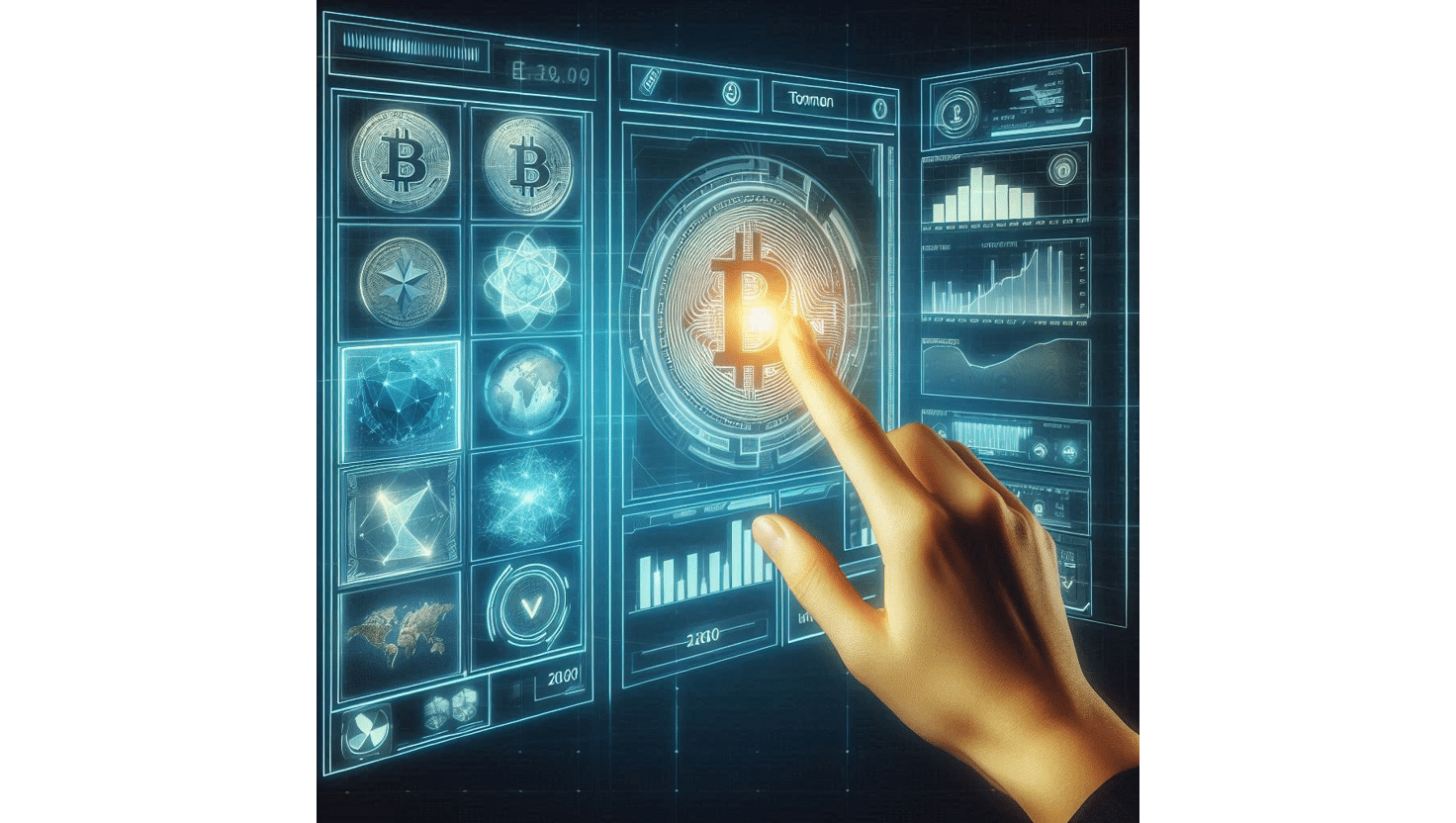 Futuristic digital interface showing Bitcoin and cryptocurrency icons, graphs, and data charts, with a hand reaching out to touch the central Bitcoin symbol, representing the interactive nature of Hot vs Cold Wallet options in managing digital assets.