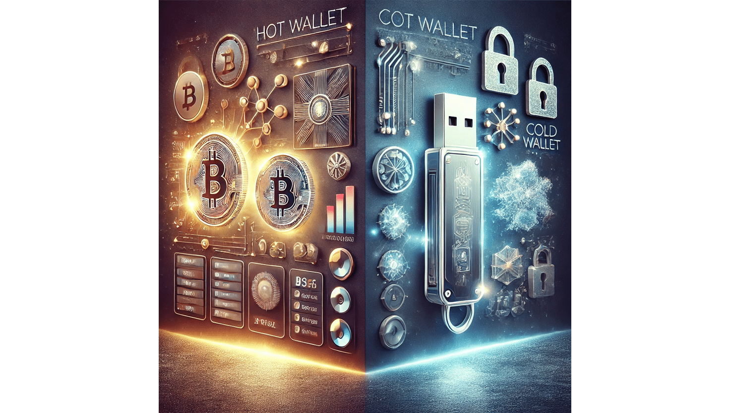 Detailed split-screen graphic contrasting Hot Wallets and Cold Wallets for cryptocurrency storage, with the left side showing glowing Bitcoin symbols and network icons for Hot Wallets, and the right side depicting USB drives and locks for Cold Wallets, emphasizing the Hot vs Cold Wallet comparison in security and accessibility.