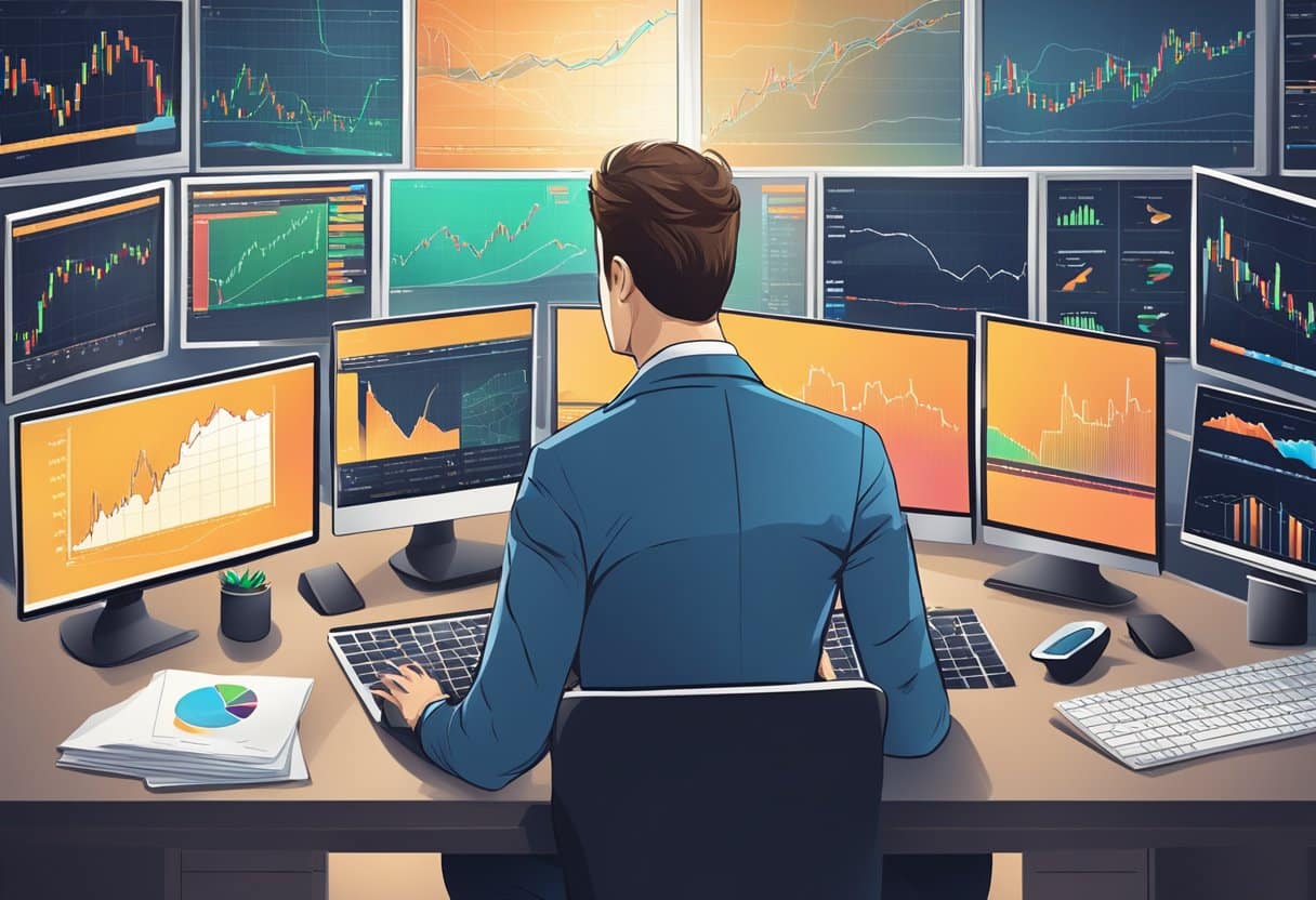 The image shows a person in a business suit seated at a desk, facing multiple computer monitors displaying various financial charts, graphs, and trading data. The setup includes at least eight screens with different stock or market trends and analytics, suggesting an intense trading or investment analysis session. The scene highlights the importance of forex risk management, as the individual meticulously studies the data to make informed decisions. The desk also has a keyboard, mouse, a few sheets of paper with printed charts, and a small potted plant, contributing to the workspace ambiance. The individual's posture indicates focused attention on the screens, reflecting a professional or financial analyst at work.