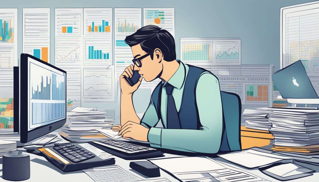 A person at a desk, surrounded by financial charts and documents, with a calculator and computer, pondering taxation implications of forex trading