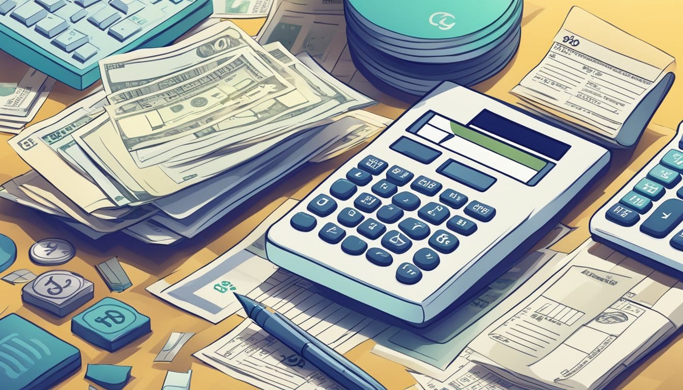A stack of currency symbols surrounded by tax forms and calculators
