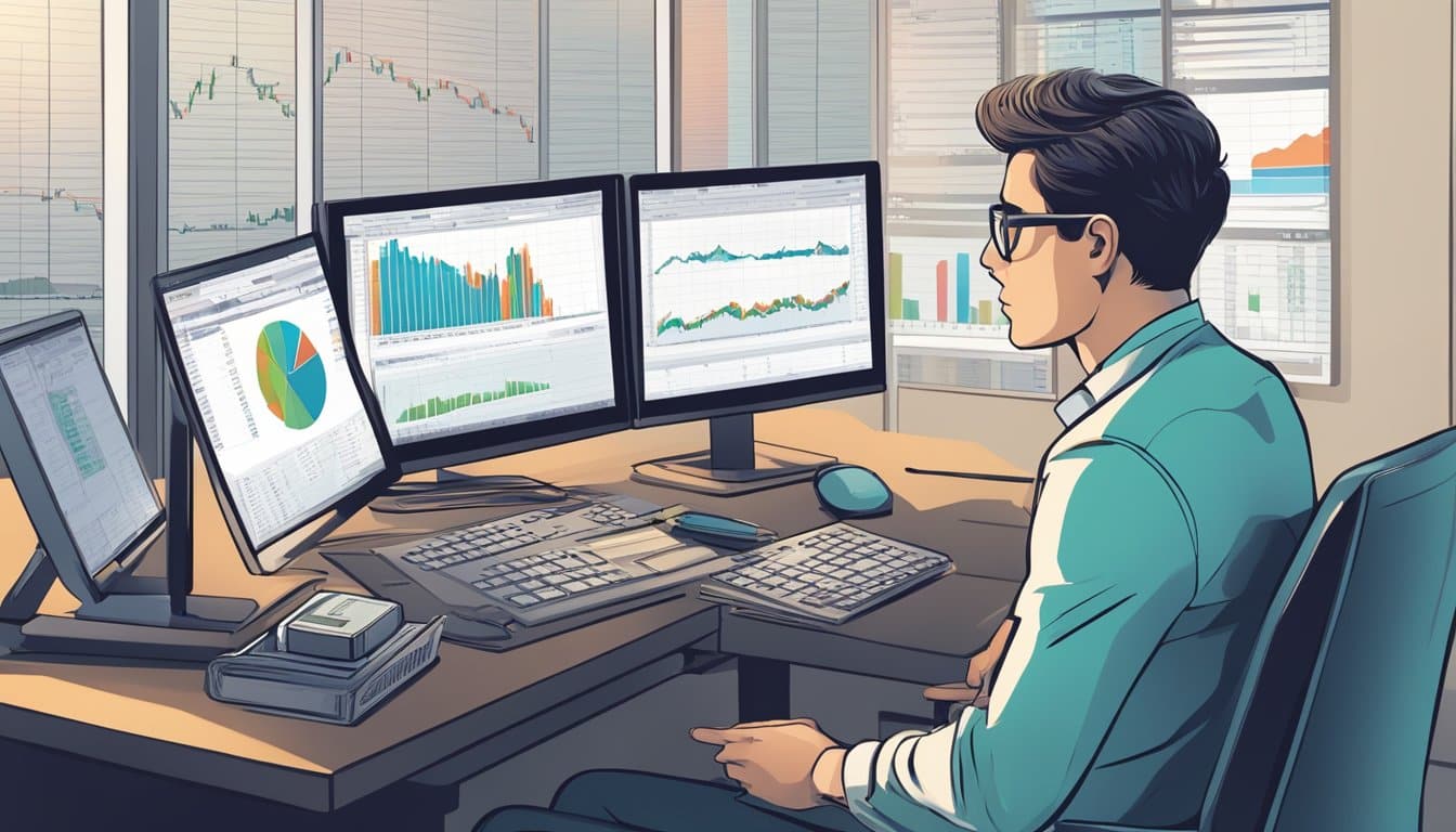 A person sitting at a desk, surrounded by financial documents and a computer screen showing forex trading activity. A calculator and pen are in hand, with a serious expression on their face