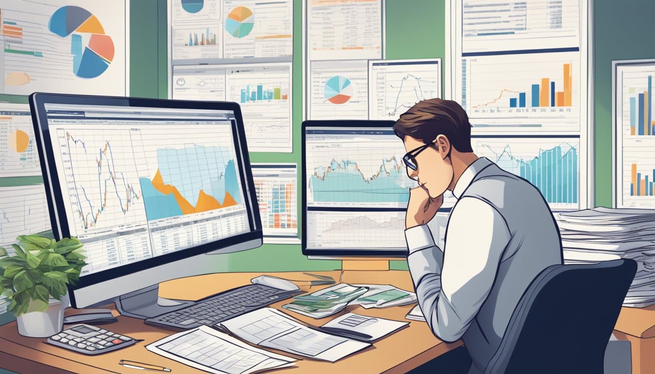 A person at a desk, surrounded by financial charts and documents, with a calculator and laptop, pondering tax implications for forex trading