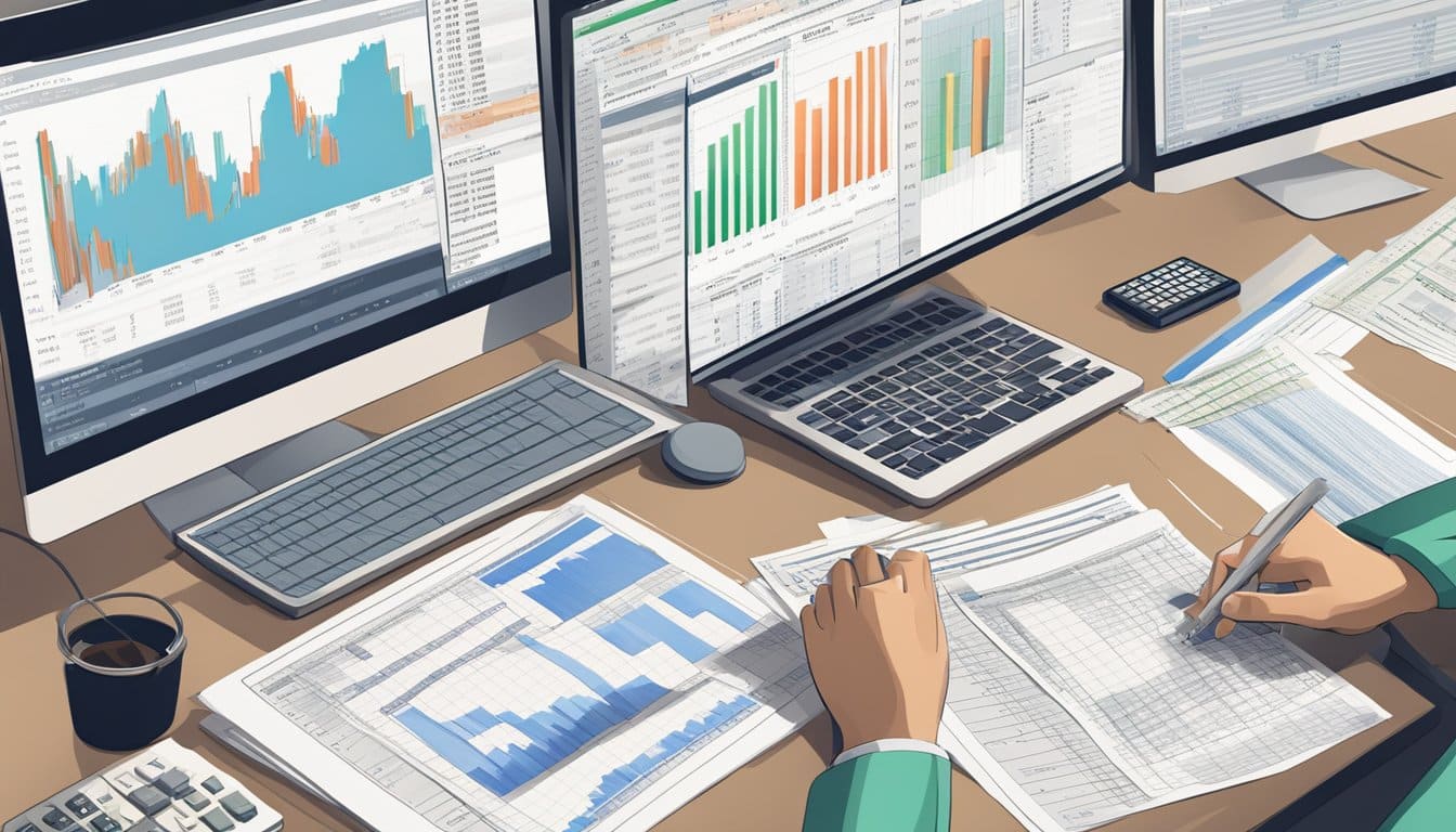 A person reviewing financial documents with a calculator and tax forms spread out on a desk. A computer screen displays forex trading data
