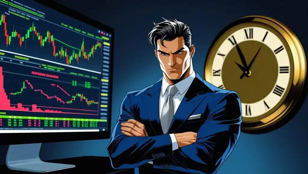 Pedagang forex berpakaian tajam berdiri dengan yakin di hadapan berbilang skrin dagangan yang memaparkan carta strategi scalping forex, termasuk pergerakan harga, isyarat scalping forex dan penunjuk teknikal. Jam besar di latar belakang menekankan kepentingan pemasaan yang tepat dalam scalping forex, manakala graf menyerlahkan broker forex terbaik untuk scalping dan keadaan dagangan yang optimum.