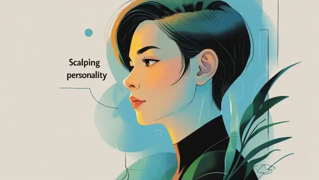 Ilustrasi digital artistik pedagang yang ditentukan dengan ekspresi fokus, melambangkan personaliti scalping ideal yang diperlukan untuk scalping forex yang berjaya. Imej itu mencerminkan disiplin, membuat keputusan yang cepat dan minda yang diperlukan untuk melaksanakan strategi scalping forex yang menguntungkan.