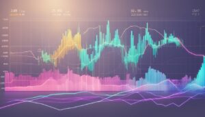 A digital financial chart displaying colorful candlestick patterns, bar graphs, and trend lines in shades of blue, pink, yellow, and purple. The chart represents forex market trends with fluctuating price movements and trading volume indicators in a futuristic design.